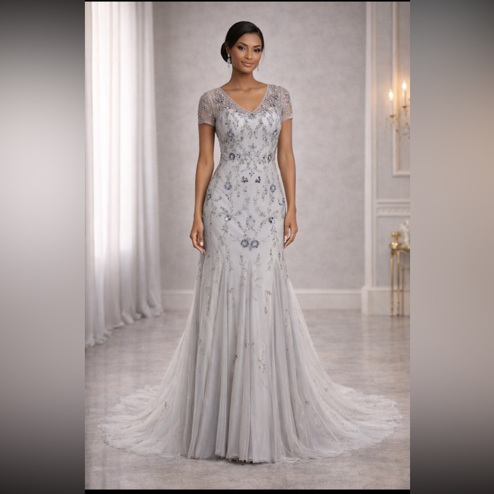 Adrianna Papell beaded short sleeves V- neck long gown